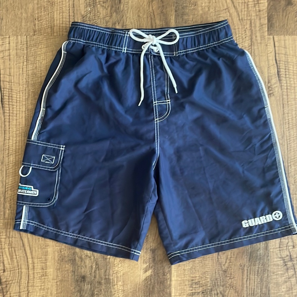 Original Watermen Earn your Salt “Gaurd” LIFEGUARD Blue SWIM Trunks size Large